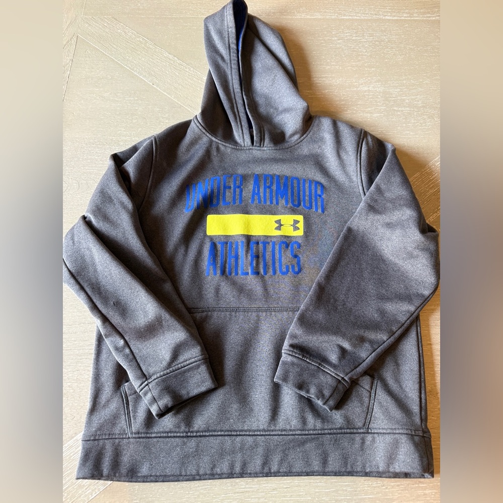 Under Armour Gray Hoodie with Blue and Yellow Logo Boys YLG